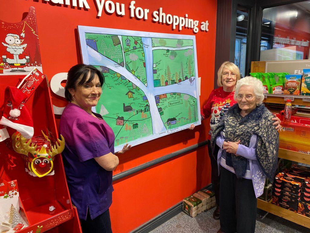 Photo showing a Jackie from Teach Altra Nursing Home map of Newmarket, County Cork drawn by Teach Altra residents to Super Valu in Newmarket