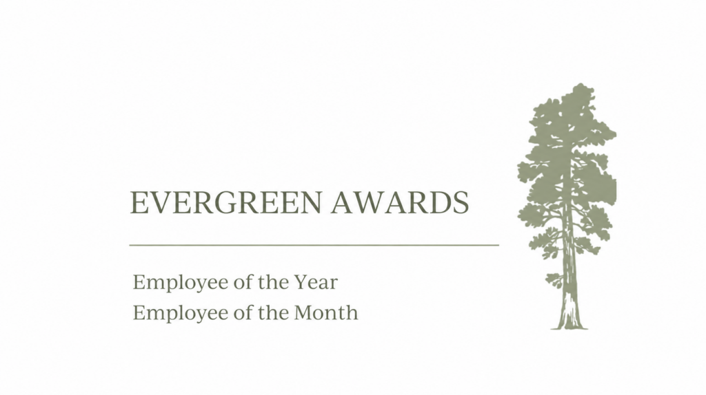 Evergreen Awards Employee of the Year and Employee of the Month artwork with Evergreen Care tree illustration